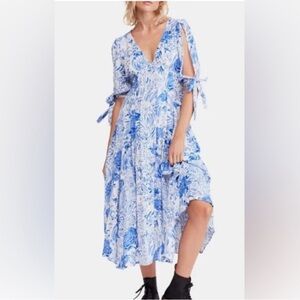 Free People Forever Always Blue Floral Midi Dress Boho Beach Vacay Size 10